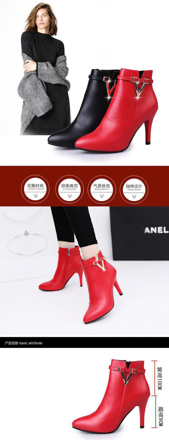 Pointed Toe Faux Leather Zipper Style Ankle Boots