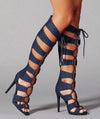 Navy blue Denim Cross Tied High Heels