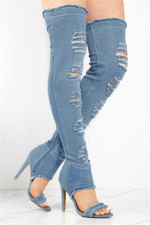 Thigh High Denim Cut-Out High Heels