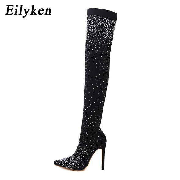 Black Crystal Knee High Heels