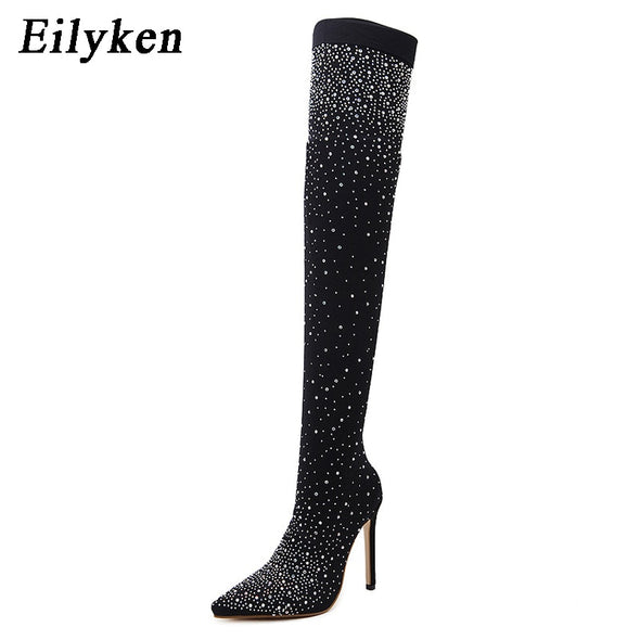 Black Crystal Knee High Heels