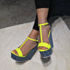 T Strap High Heel Wedge Sandals