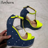 T Strap High Heel Wedge Sandals